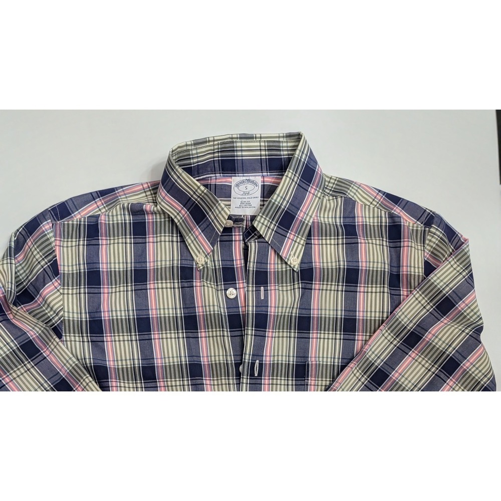 Brooks Brothers 346 Men's Size Small Slim Fit Preppy Plaid Non-Iron Pink Green